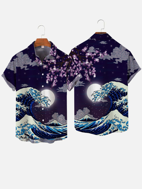 Ukiyo-E Ocean Waves Retro Purple Cherry Blossoms Personalized Printing Short Sleeve Shirt