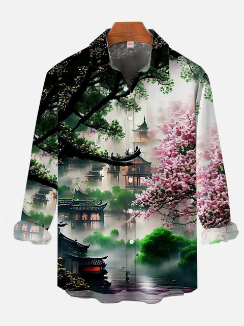 Mysterious Oriental Wonderland Garden Landscape Printing Breast Pocket Long Sleeve Shirt