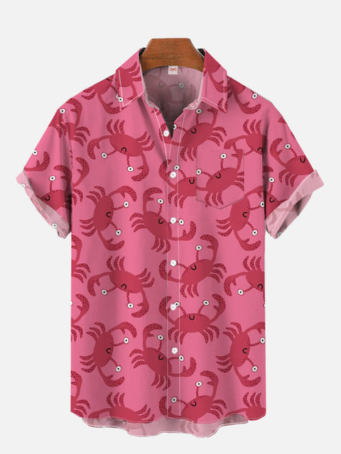 Hawaiian Pink Cartoon Crab Pattern Resort Style Short Sleeve Shirt