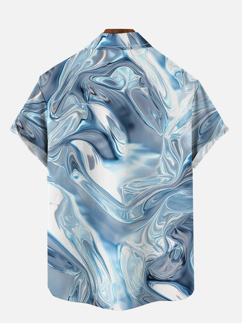Abstract Marbling Liquid Flowing Texture Printing Breast Pocket Short Sleeve Shirt