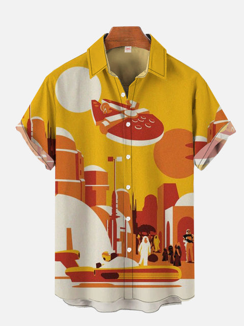 Yellow Comic Style Tech City Silhouette And Spaceship Printing Short Sleeve Shirt