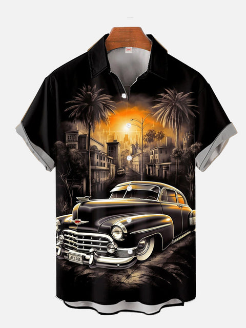 Vintage Art Cool Car Drawings Sunset And Classic Car Printing Short Sleeve Shirt