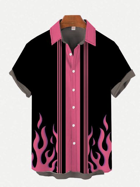Pink Burning Fire Flame Black Pink Contrasting Color Printing Short Sleeve Shirt