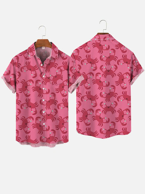 Hawaiian Pink Cartoon Crab Pattern Resort Style Short Sleeve Shirt