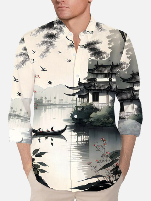 Ink Style Chinese Waterside Garden Architecture Printing Long Sleeve Shirt