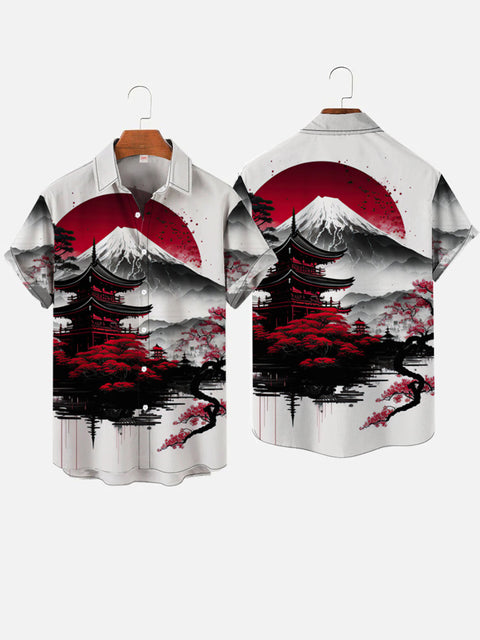 Ukiyo-E Japanese Mount Fuji Painting And Antique Duilding Printing Short Sleeve Shirt