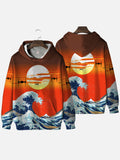 Ukiyo-E Orange Sunset Drones With Ocean Waves Personalized Printing Hooded Sweatshirt