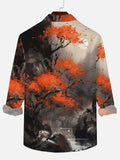 Beautiful Scenery Ink Painting Stones And River And Gorgeous Leaves Printing Breast Pocket Long Sleeve Shirt