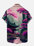Ukiyo-E Ancient Tree Tower Landscape Printing Short Sleeve Shirt