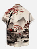 Ukiyo-e Ink Painting Landscape Art Mountain And Lakeside Ancient Pavilion Printing Short Sleeve Shirt