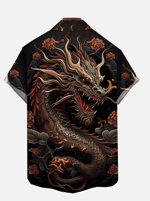Ukiyoe Metal Violent Roar Dragon Printing Short Sleeve Shirt