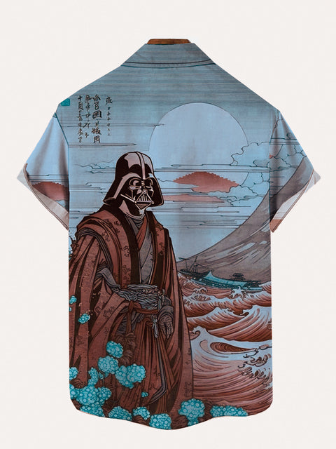 Ukiyo-e Retro Masked Warrior And Landscape Painting Printing Short Sleeve Shirt