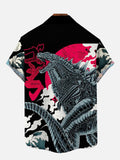 Ukiyo-E Japanese Style King Of Monsters Godzilla And Auspicious Clouds Printing Short Sleeve Shirt