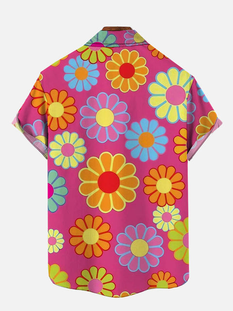 Colorful Flowers On Pink Background Printing Breast Pocket Short Sleeve Shirt
