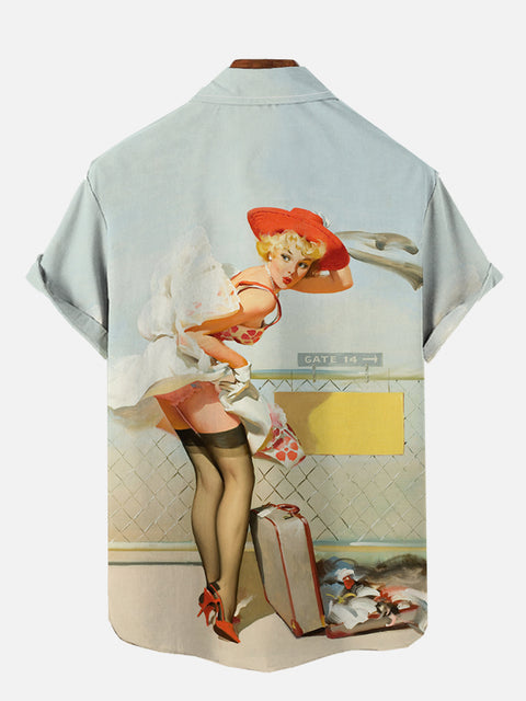 Vintage Pin Up Art Beauty And Scattered Luggage Printing Short Sleeve Shirt