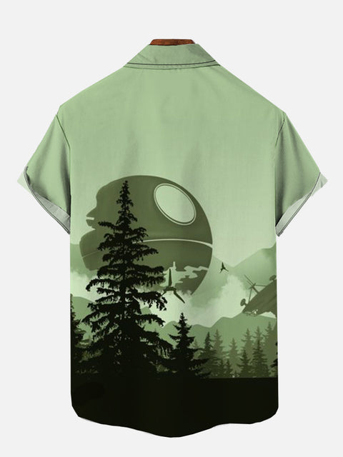 Green Mysterious Technology Base Deep In The Forest Printing Breast Pocket Short Sleeve Shirt