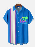 Vintage White And Blue Stripes Art Neon Palm Trees Island Printing Short Sleeve Shirt