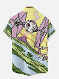 Bright Color Cartoon Style Sci-Fi Space Drone Flying Over Land Printing Short Sleeve Shirt