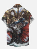 Ukiyo-E Monster Art Red Three-Headed Dragon And Golden Three-Headed Dragon Fight Printing Short Sleeve Shirt