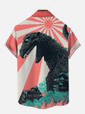 Retro Radiation Background Godzilla In Fire Printing Short Sleeve Shirt