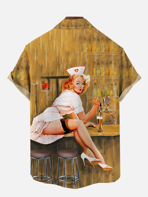 Vintage Pin Up Girl Poster Beer Waitress Printing Short Sleeve Shirt