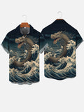 Ukiyo-e Dark Night Dragon Stirs Up The Big Wave Printing Short Sleeve Shirt