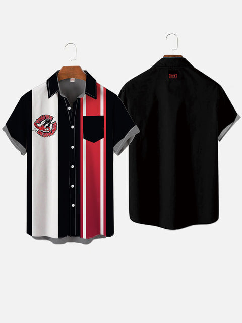 Retro Black And Multicolor Stripes And Cartoon Duck Breast Pocket Printing Short Sleeve Shirt