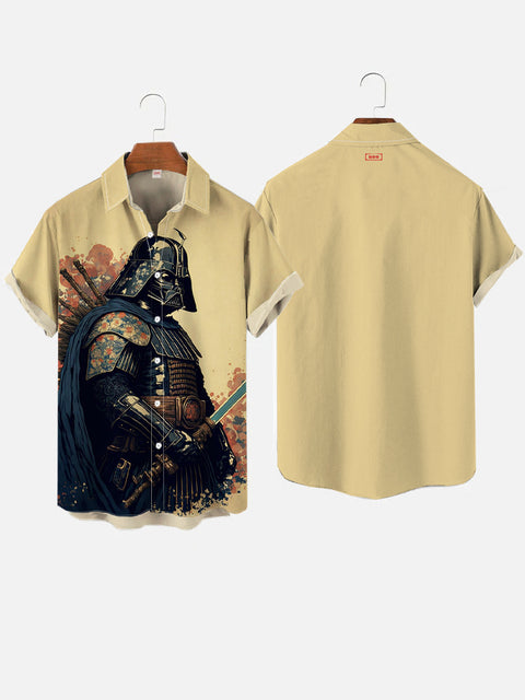 Ukiyo-E Art Sfumato Ink Painting Background Masked Samurai Printing Short Sleeve Shirt