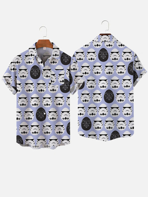 Black And White Doodle Eggs Space War Samurai Printing Breast Pocket Short Sleeve Shirt