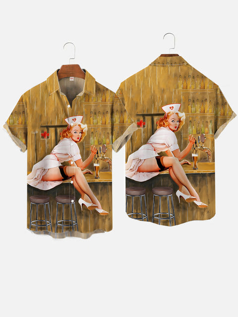 Vintage Pin Up Girl Poster Beer Waitress Printing Short Sleeve Shirt
