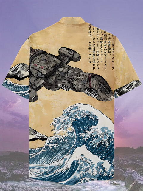 Eye-Catching Ukiyo-E Air Station With Ocean Waves Personalized Printing Cuban Collar Hawaiian Short Sleeve Shirt