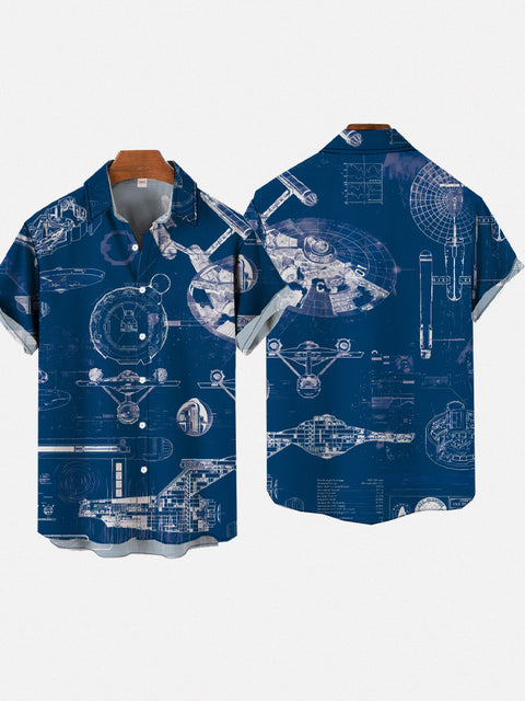 Navy Blue Sci-Fi Interstellar Travel Fleet Spaceship Blueprints Printing Short Sleeve Shirt