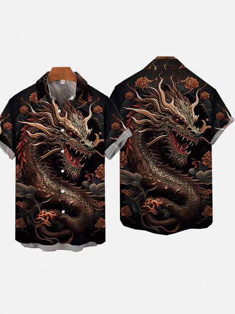 Ukiyoe Metal Violent Roar Dragon Printing Short Sleeve Shirt