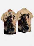 Retro Ukiyo-E Japanese-Style Alien Mask Dagger Samurai Printing Short Sleeve Shirt
