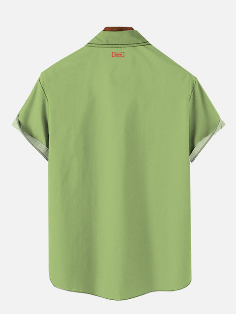 Retro Green And Black Stripe And Abstract Artwork Printing Breast Pocket Short Sleeve Shirt