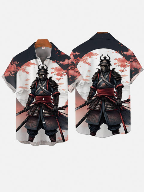 Ukiyo-E Horn Armor Warrior Under Cherry Blossom Tree Printing Short Sleeve Shirt