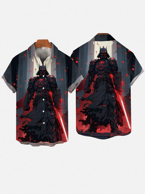 Ukiyo-E Art Red Petals And Black Robe Armed Space Samurai Printing Short Sleeve Shirt