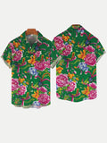 Classic Chinese Elements Flower With Phoenix Hawaii Printing Breast Pocket Short Sleeve Shirt