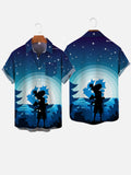 Pirate Ship And Pirate Silhouettes Under The Starry Night Sky Printing Breast Pocket Short Sleeve Shirt