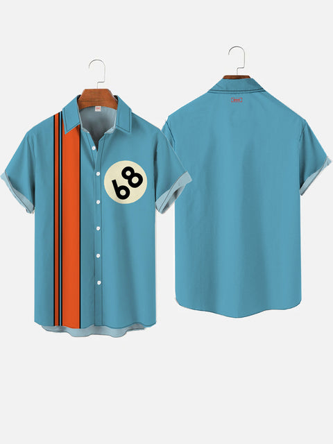 Retro 50s Contrast Color Stripe 68 Printing Short Sleeve Shirt