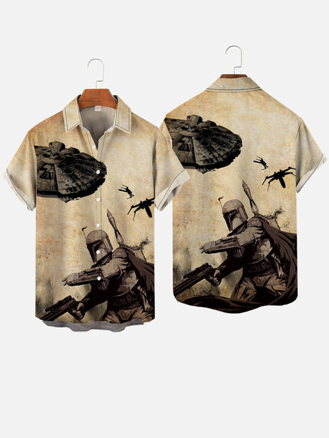 Vintage Ukiyo-e Spaceship And Masked Samurai Printing Short Sleeve Shirt
