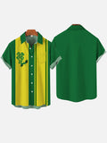 Retro Yellow And Green Striped St. Patrick's Day Four Leaf Clover Printing Breast Pocket Short Sleeve Shirt