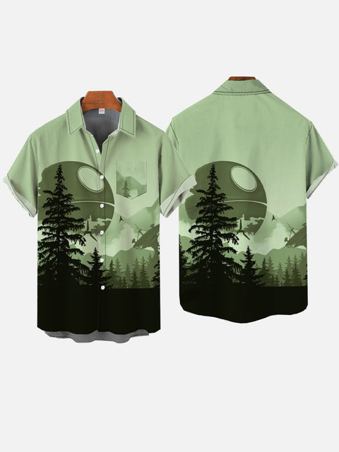 Green Mysterious Technology Base Deep In The Forest Printing Breast Pocket Short Sleeve Shirt