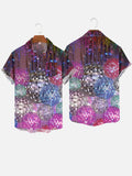 Retro Rainbow Disco Sequins Funky Disco Balls Printing Breast Pocket Short Sleeve Shirt