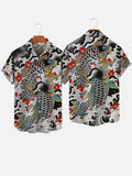 Ukiyo-e Japanese Traditional Koi Carp And Red Flowers In The Waves Printing Short Sleeve Shirt