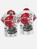 Delightful Red And White Stitching Planet And Spaceship Drones Printing Breast Pocket Short Sleeve Shirt