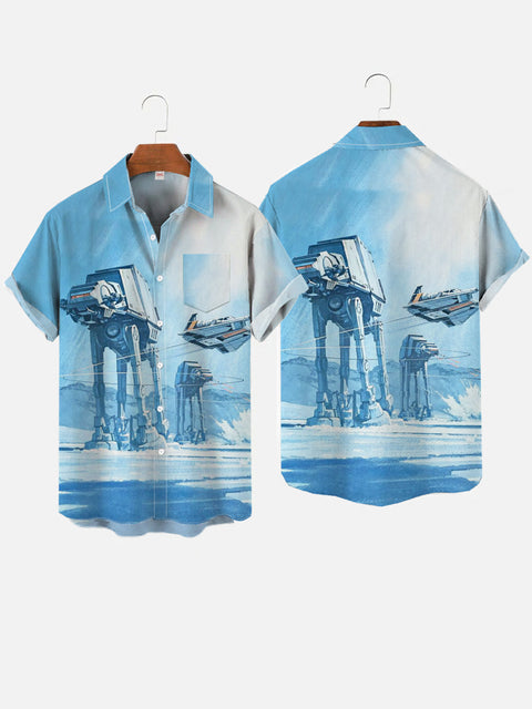 Retro Hand-Painted Poster Of Blue Ice And Snow World Science Fiction Giant Armed Walkers And Spaceship Printing Breast Pocket Short Sleeve Shirt