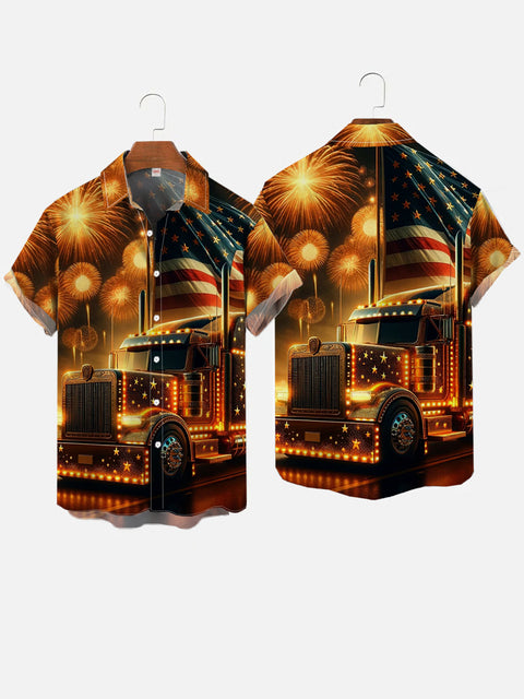 Retro Hawaii American Flag And Truck Printing Short Sleeve Shirt