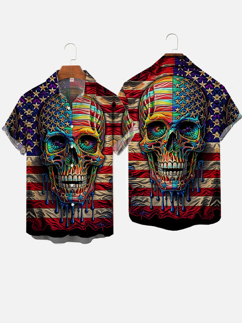 Vintage American Flag And Colorful Paint Skull Printing Short Sleeve Shirt