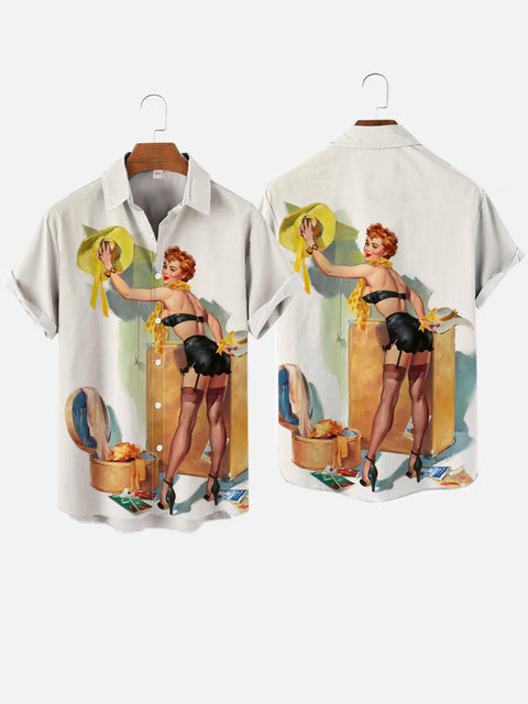 Vintage Pin Up Girl Poster Sexy Girl And Yellow Hat Printing Short Sleeve Shirt